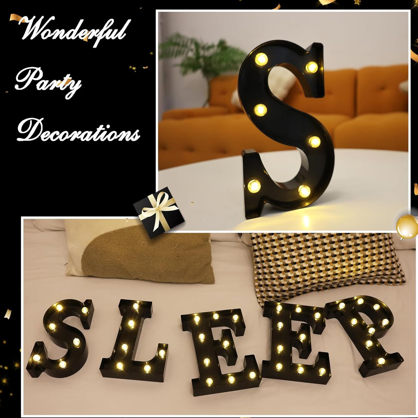 Led Marquee Letters, 8.58 Inch Black Light Up Letters, Small Led Letter Lights, Battery Powered Lighted Letterfor Table, Party, Birthday, Christmas Decor (Black, Letter S)