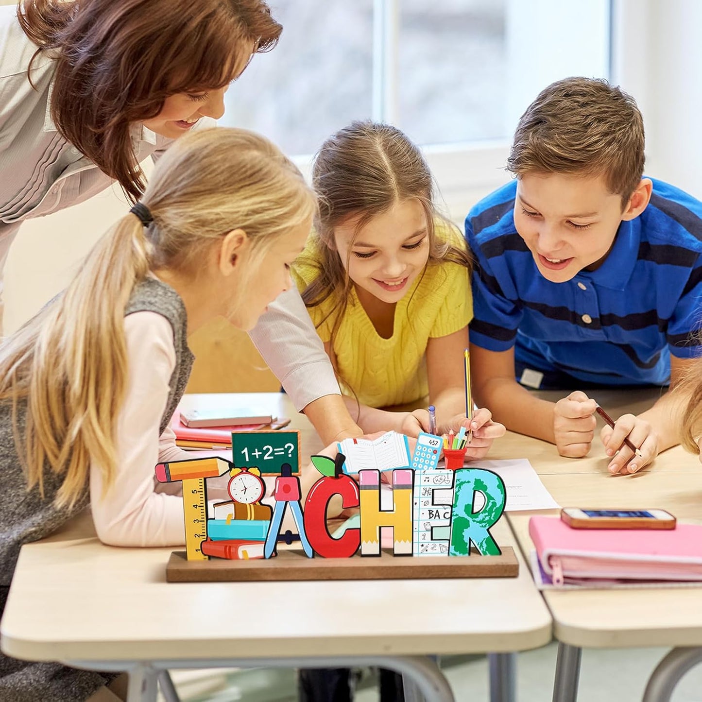 Back to School Metal Sign Teacher Appreciation Table Decor Holiday Tiered Tray Decor with Wooden Base Freestanding Metal Word Sign for Home Tabletop Centerpiece Mantel Shelf Fireplace