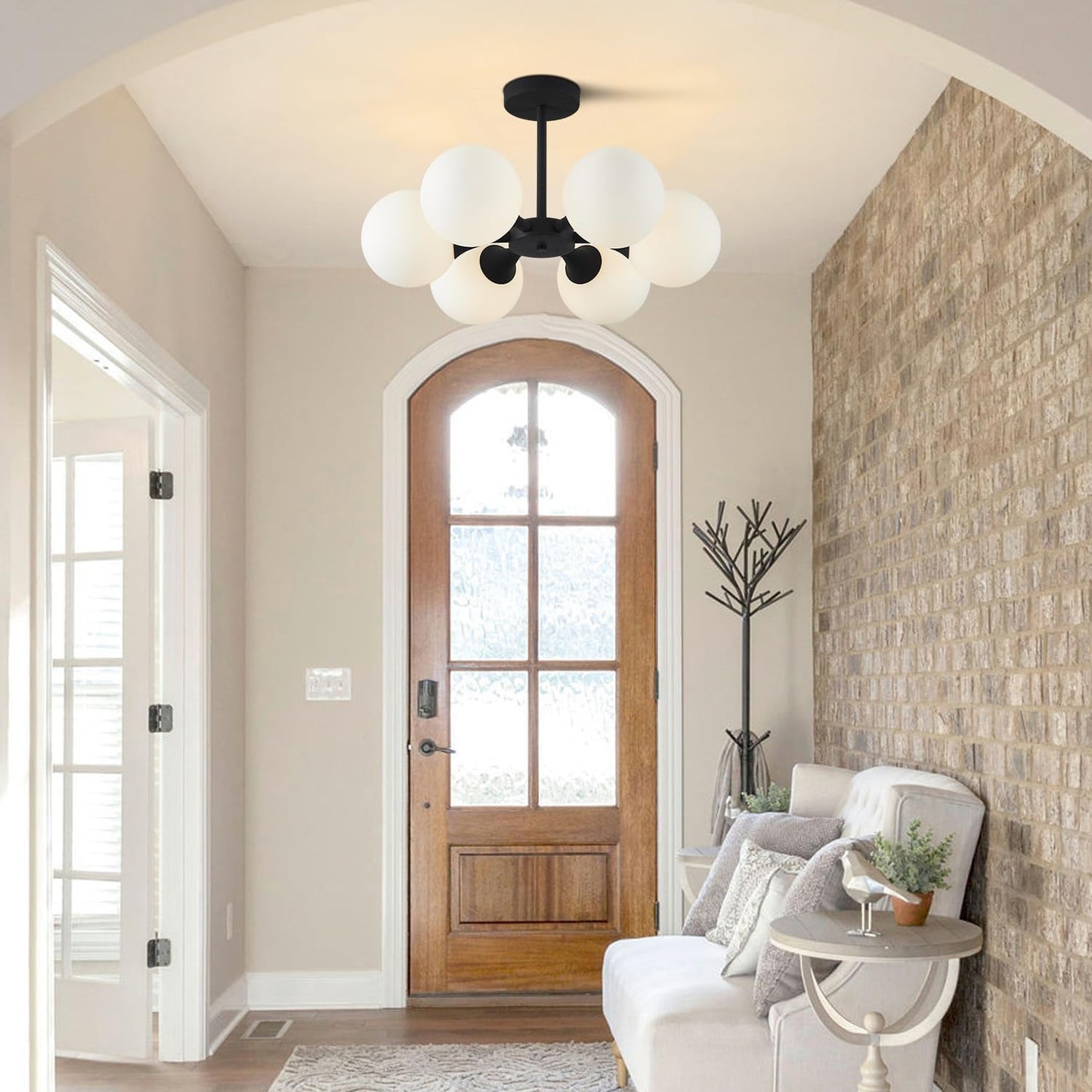 KCO Lighting 6 Lights Modern Semi Flush Mount Ceiling Light Fixture Glass Globe Sputnik Chandelier Ceiling Lighting Mid Century Black Close to Ceiling Light