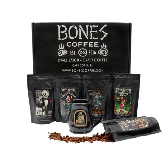 Bones Coffee Company Favorite Flavors Sample Pack Box Set with Specialty Coffee Mug, 5 Assorted Single-Origin Low Acid Medium Roast Arabica Beans Flavored Coffee Gifts, 4 oz Pack of 5 Ground