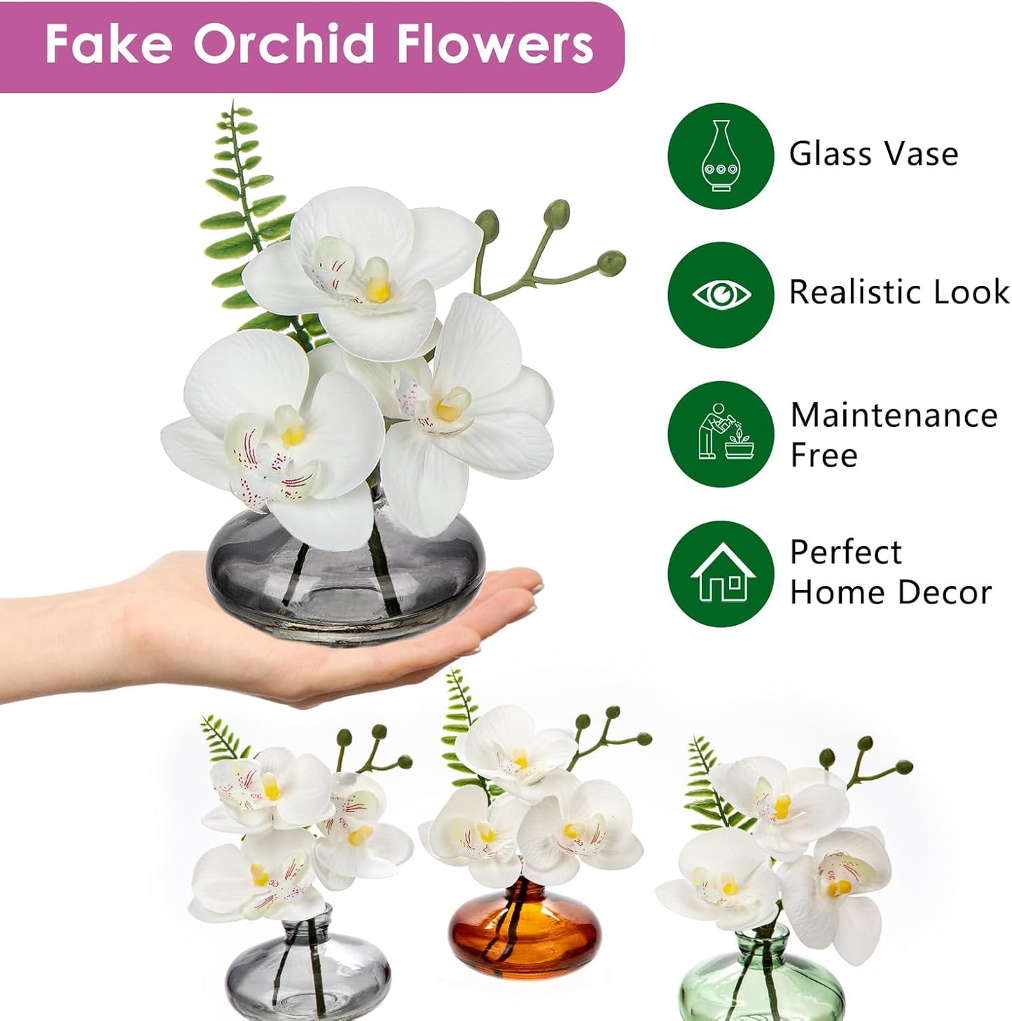 White Orchids Artificial Flowers Faux Orchids Arrangement in Black Glass Vases Set of 3 Real Touch Phalaenopsis Orchid Flowers Small Fake Orchid Centerpiece for Dining Room Table