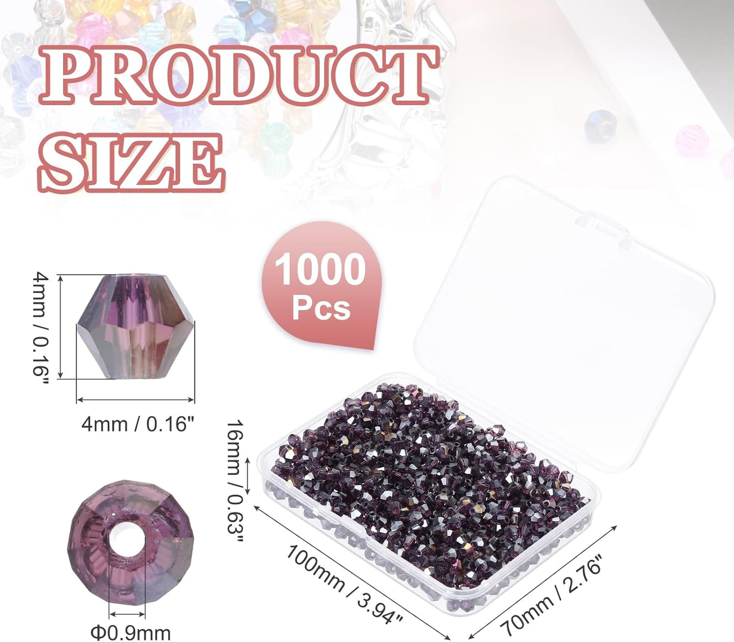 PATIKIL 1000pcs 4mm Bicone Glass Crystal Beads, Faceted Glass Spacer Beads with Box for Jewelry Making Bracelet Necklace Earrings DIY Suncatcher Craft, Violet AB