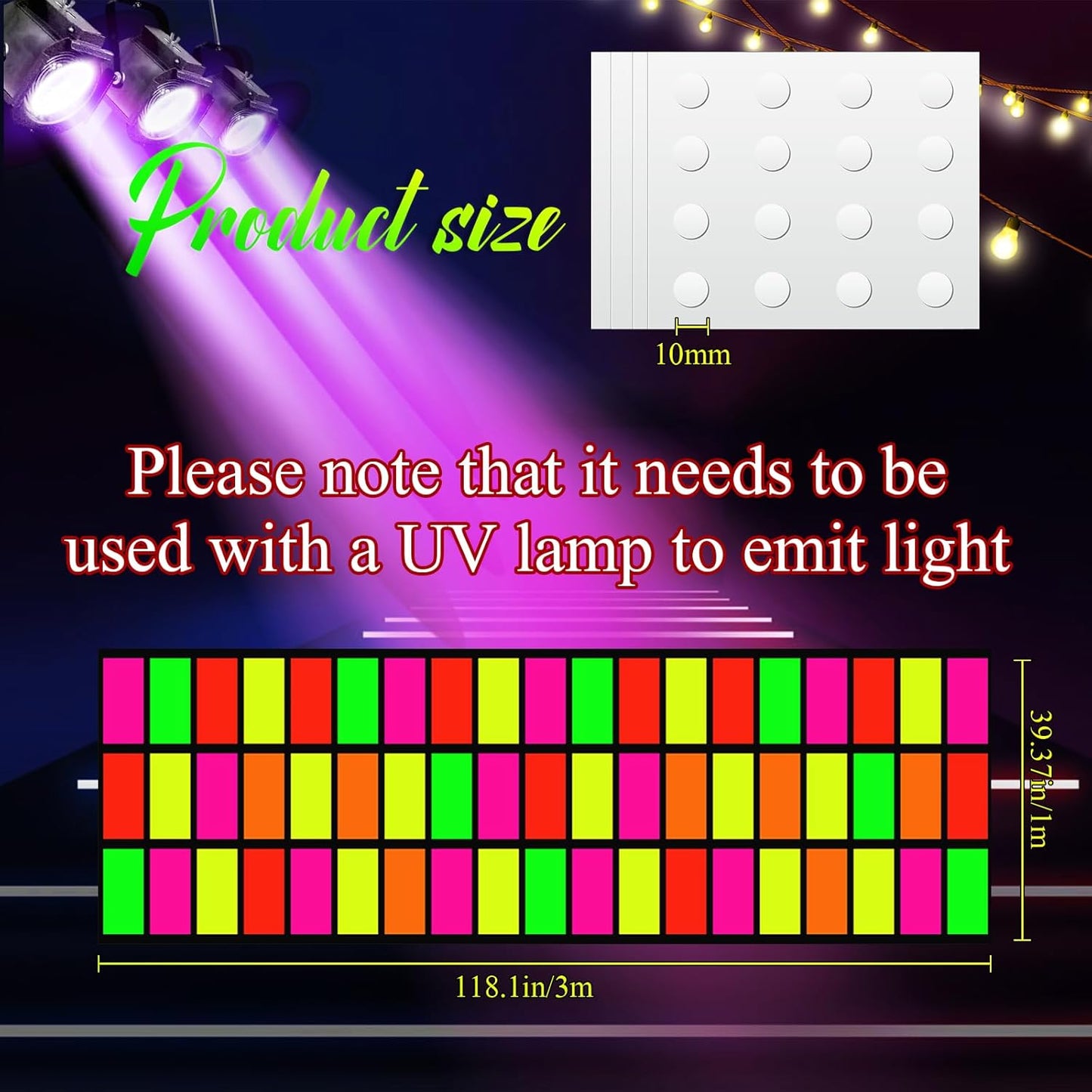 Haull 118 x 39 Inch Neon Light up Dance Floor Glow in The Dark Runner UV Reactive Blacklight Floor Aisle Runner Decor Wall Props for 80s 90s Neon Birthday Party Decorations(Rectangle)