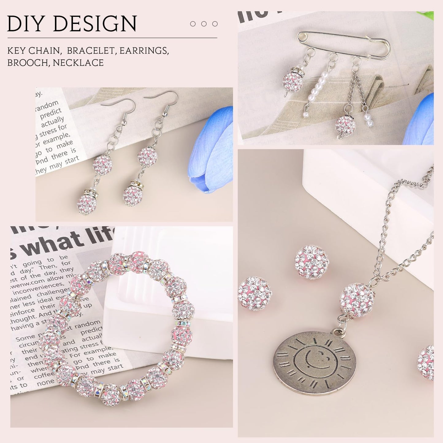 200pcs 10mm Pink White Rhinestone Beads for Jewelry Making, Shiny Round Shamballa Disco Ball Beads Bulk, Sparkle Crystal Clay Christmas for Bracelet Baseball Necklace Earring Crafting and DIY