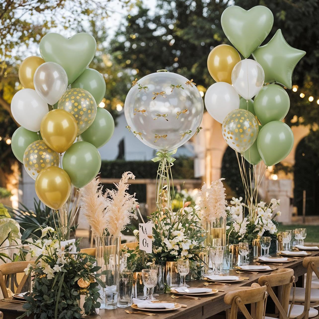 Sage Green and Gold Balloons Heart Star Balloon as Retro Olive Sage Green Baby Shower Decorations, Metallic Gold Confetti Balloons 18 inch Clear Foil Balloon as Anniversary Engagement Party Decor