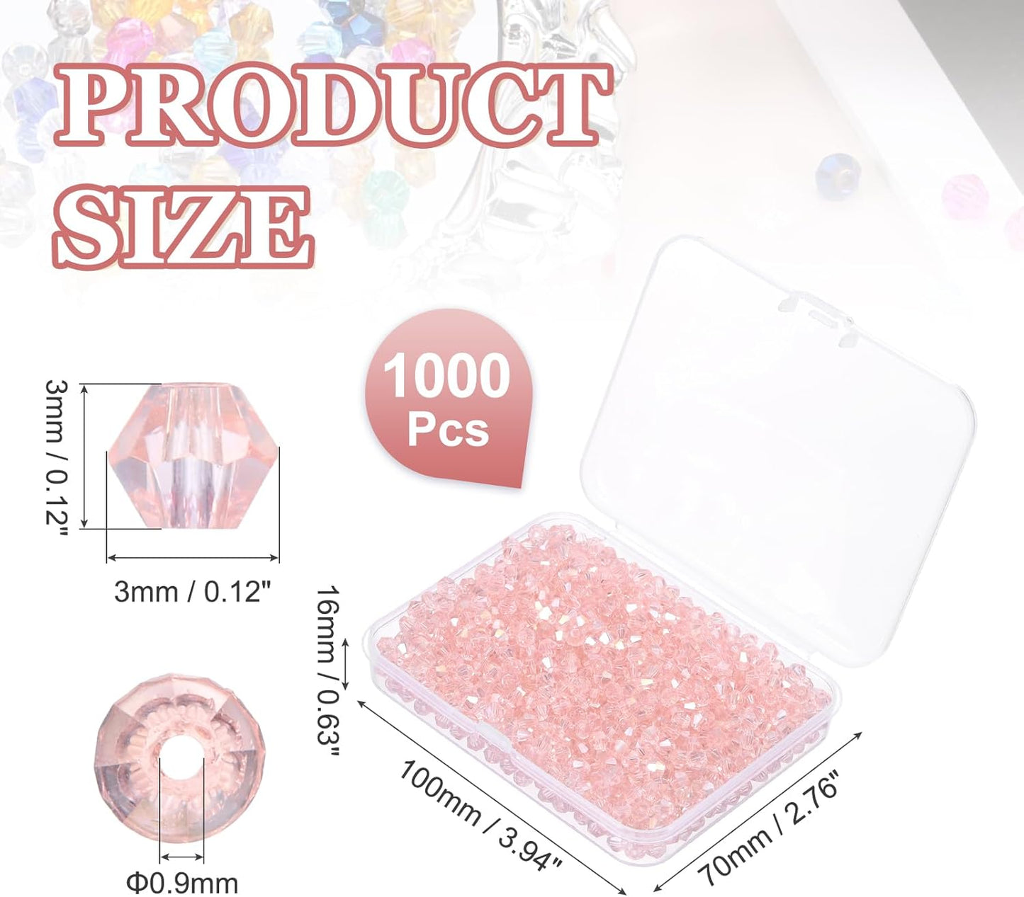 PATIKIL 1000pcs 3mm Bicone Glass Crystal Beads, Faceted Glass Spacer Beads with Box for Jewelry Making Bracelet Necklace Earrings DIY Suncatcher Craft, Pink AB