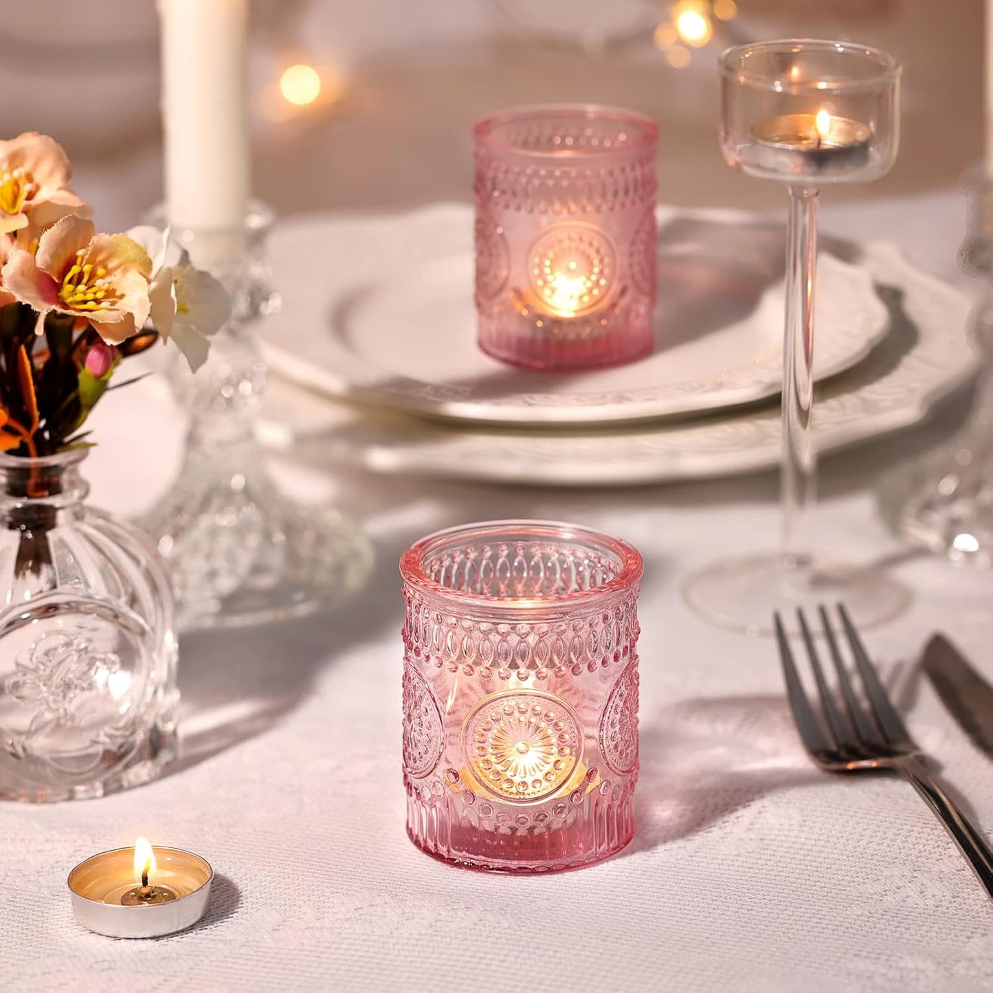 DARJEN Pink Votive Candle Holders Set of 36- Glass Candle Holders Bulk for Tea Light Candle, Embossed Candle Votives for Romantic Wedding Centerpiece, Home Table Decor