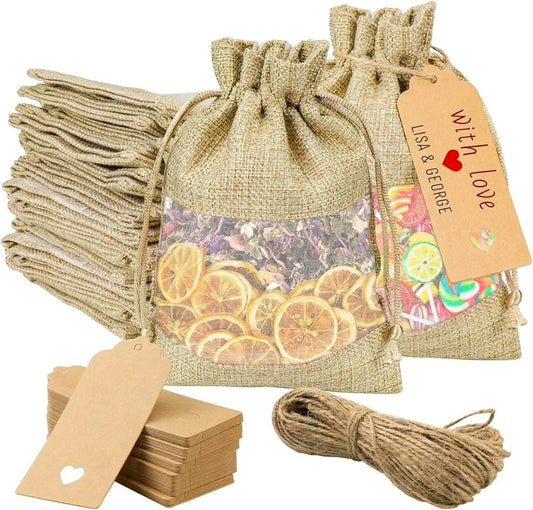GIOIPC 50Pcs 8 x 12 Inch Linen Burlap Sheer Bags with Drawstring and Bonus Gift Tags for Wedding Birthday Bag,Craft Bags,Cosmetic Samples