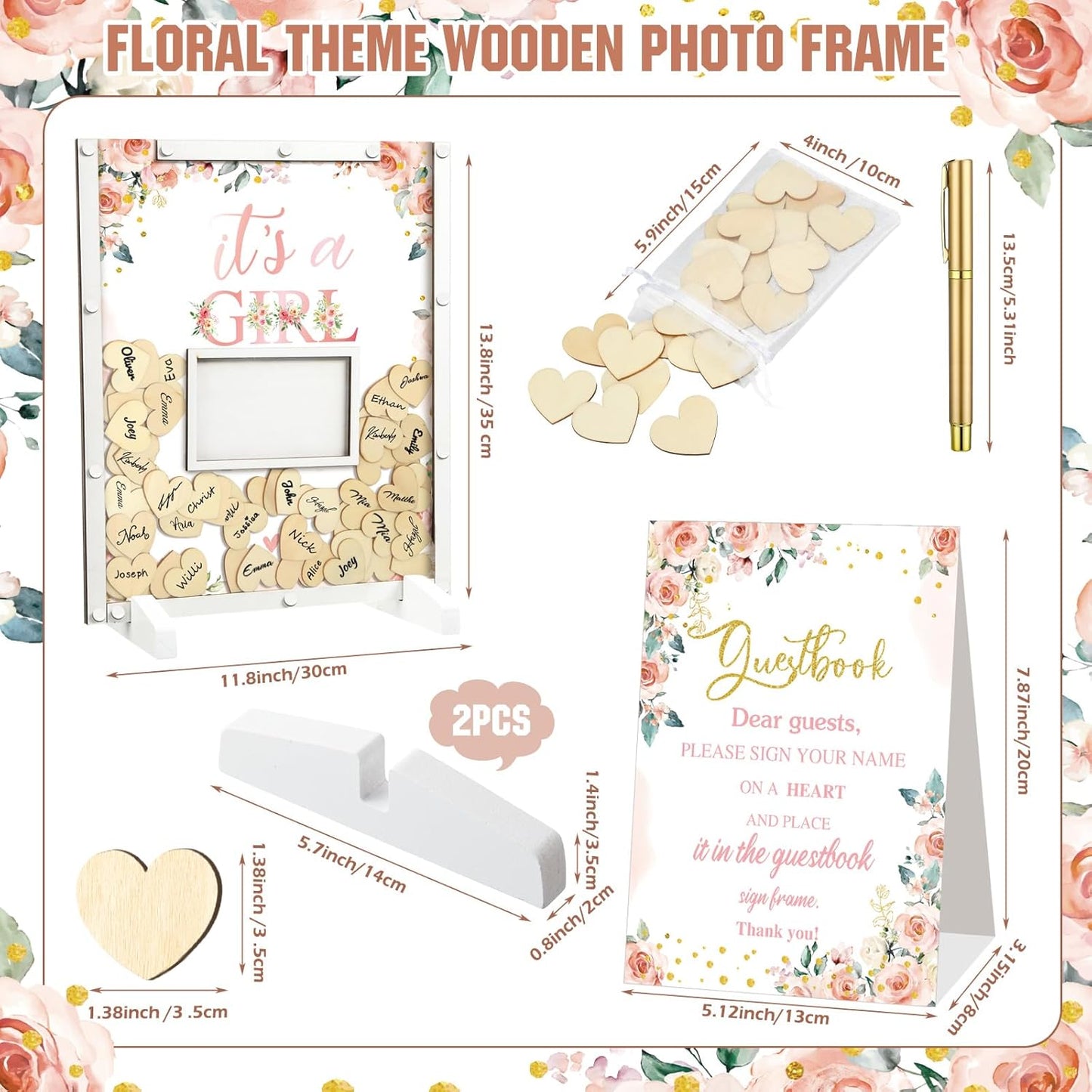 65 Pcs Baby Shower Guest Book Decorations Baby Shower Sign in Guest Book Alternatives Floral It's a Girl Decorations with Photo Frame and 60 Wood Slices Keepsakes for Guests