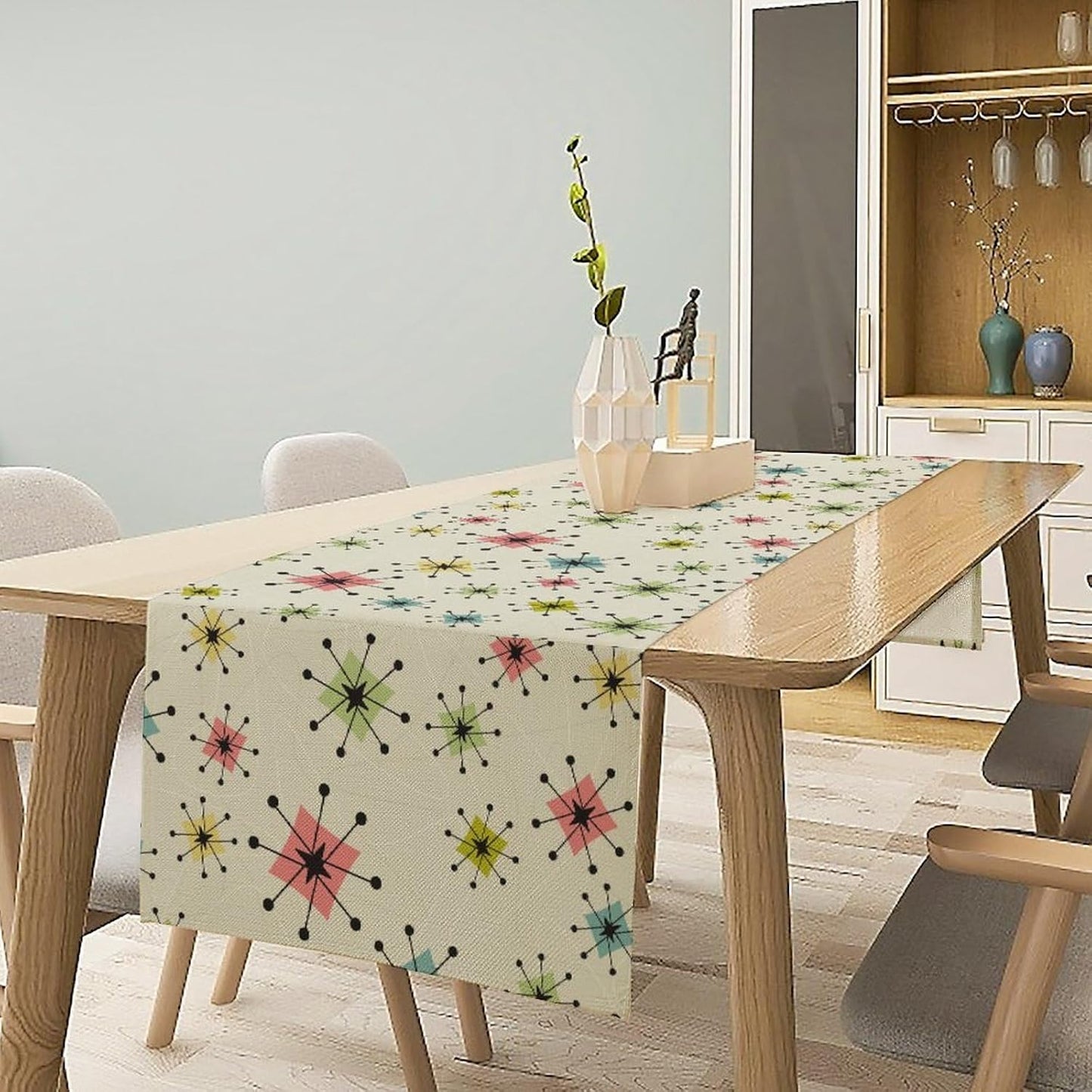 Mid Century Table Runner, Flag Retro Atomic Starburst 1950s Abstract Geometric Space Tabletop Decoration for Home Kitchen Restaurant Table Flag 13x70 Inch