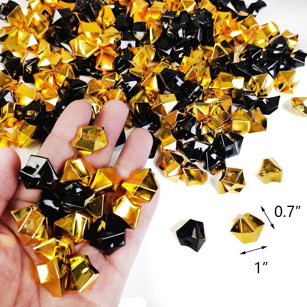HappyFiller Fall Halloween Decoration Fake Ice Rocks Acrylic Nuggets Gems Stones Pirate Jewels for Wedding Centerpieces Vase Fillers,Graduation Party Table Scatters,Home Accents,Gold Black,14 OZ