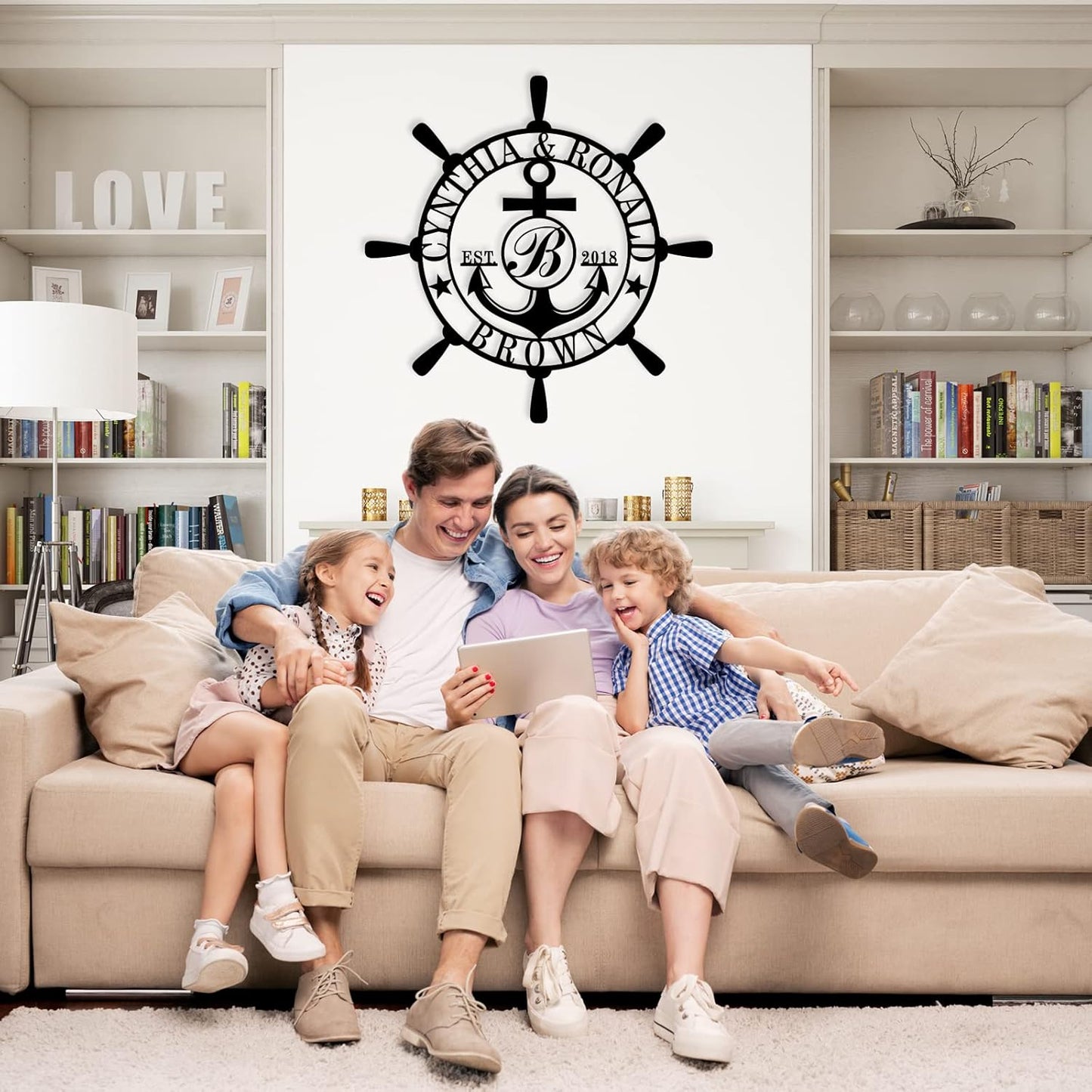 Customized Family Name Sign, Nautical Wall Decor, Anchor Compass Metal Sign, Initial Split Letter Monogram Sign, Last Name signs, Personalized Housewarming Gift