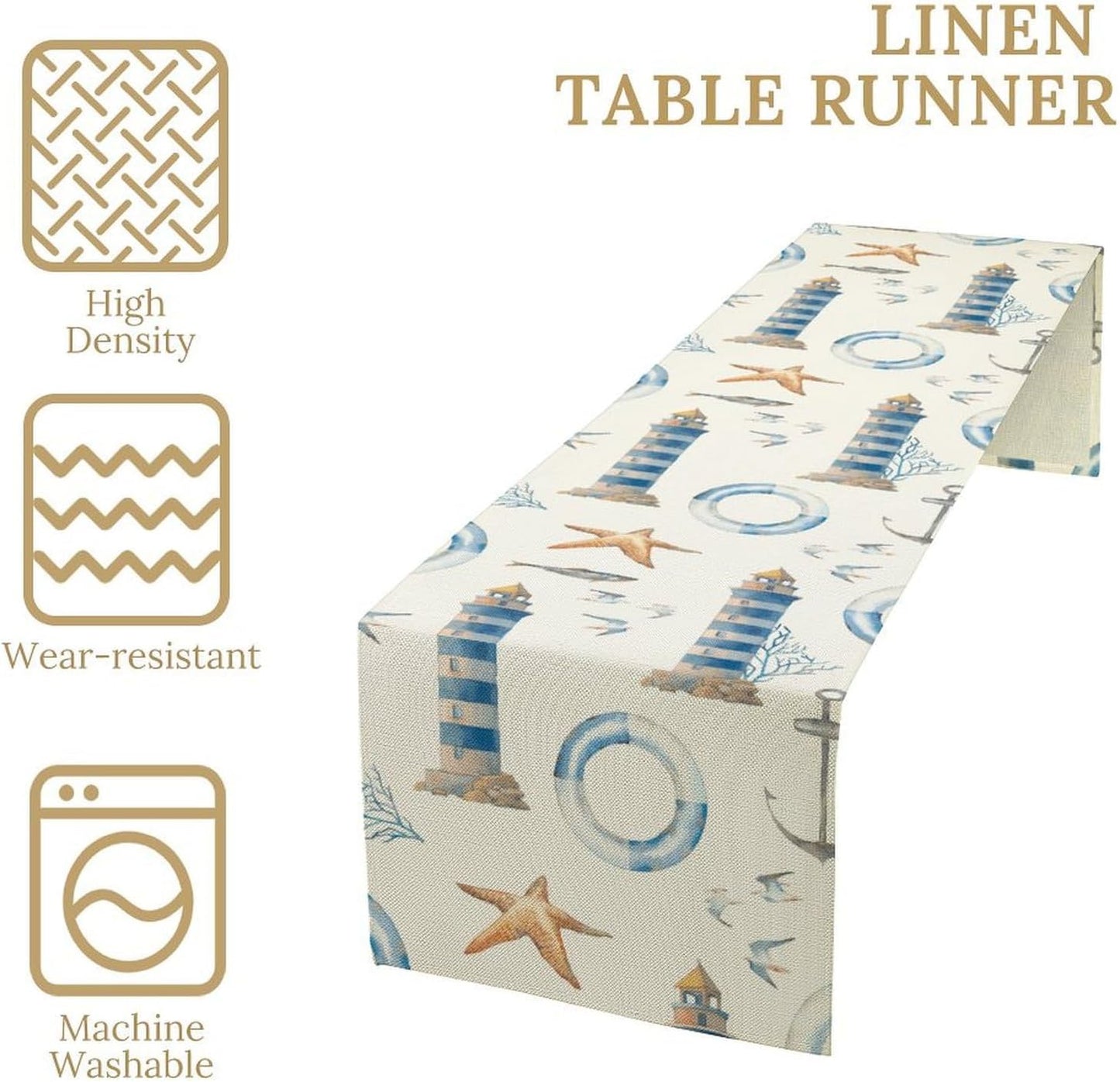 Blue Beach Table Runner, Tropical Ocean Coast Table Runner, Seashell Seasonal Nautical Restaurant Coffee Table Decorations for Home Holiday Party Indoor Outdoor 13x120 Inch
