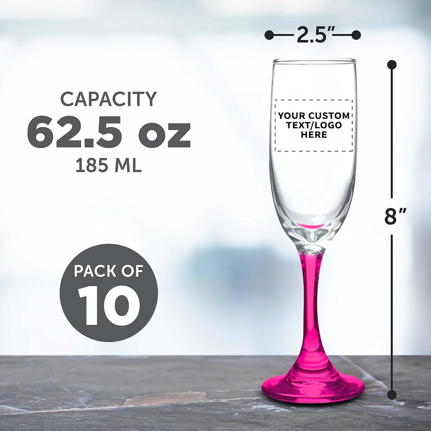 DISCOUNT PROMOS Custom Premiere Champagne Flutes 6.25 oz. Set of 10, Personalized Bulk Pack - Elegant Drinkware for Weddings, Events, & Promotional Gifts - Pink