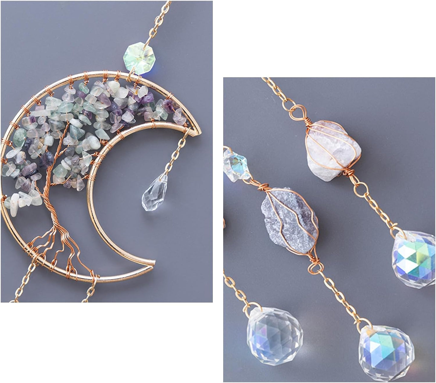 TUOKING Crystal Moon Suncatchers for Window Hanging Tree of Life Natural Healing Stones Wind Chimes Sun Catcher Rainbow Maker Good Luck Gifts Decor for Home Garden