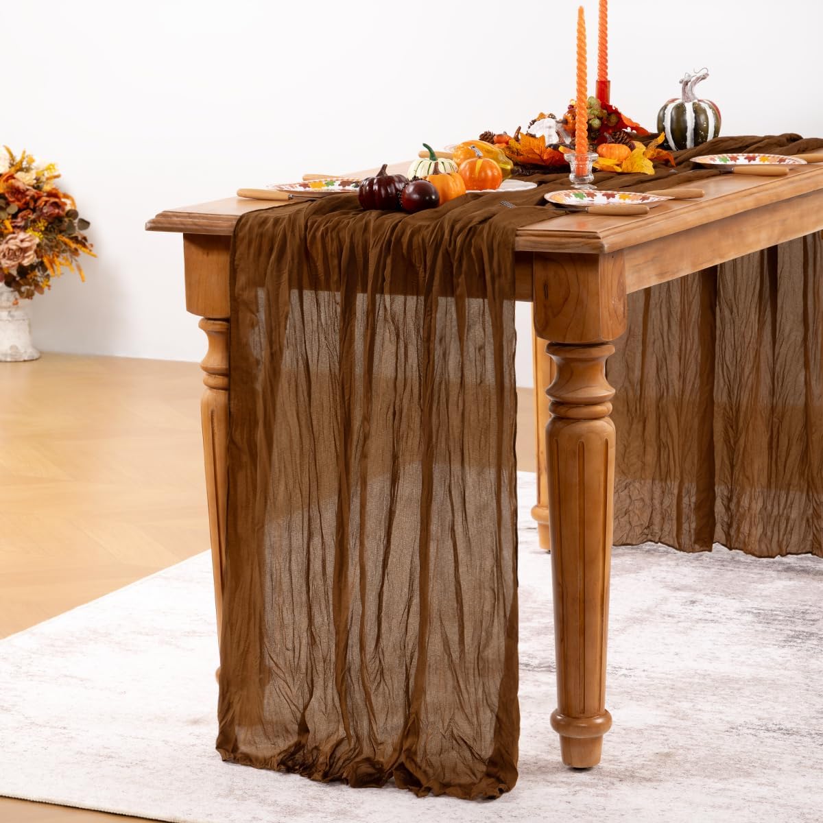 Brown Cheesecloth Table Runner Tan Fall Table Runner Boho Gauze 120 Inches Marron Cheese Cloth Fall Table Decorations for Thanksgiving Wedding Bridal Baby Shower Tea Party Decor