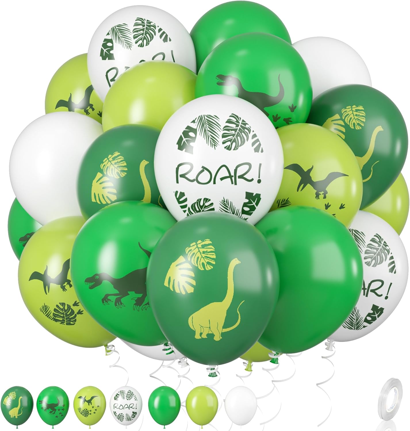 Dinosaur Balloons, 12 Inch Dino Printed Balloons Green White Lime Green Latex Balloons for Birthday Party Jungle Dinosaur Themed Decoration for Boys Birthday Party Baby Shower Supplies