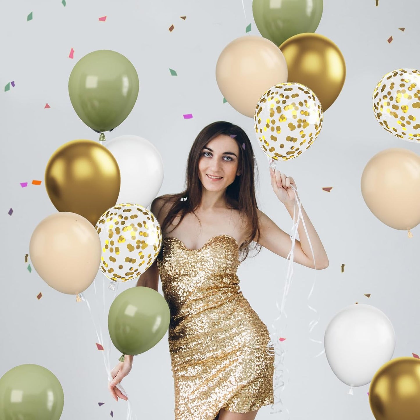 Green & Gold Balloons - 60 Pcs Sage Green & Apricot, 12 Inch Metallic Gold Confetti, Retro Green Latex for Baby Shower, Wedding, Birthday, Jungle Animal Theme Party Decorations