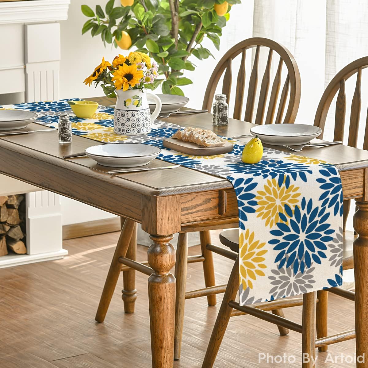 Artoid Mode Blue Dahlia Floral Pinnata Summer Table Runner, Spring Kitchen Dining Table Decoration for Home Party Decor 13x60 Inch