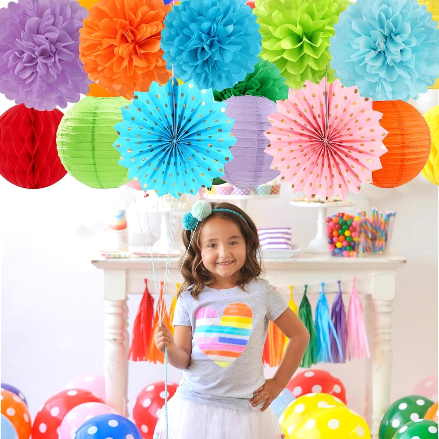 Rainbow Red-Orange Green-Blue Purple Party-Decorations - 14pcs Colorful Theme Paper Lanterns Fan,Tissue Pom Poms Streamers,Honeycomb Balls,Boy Girl Kids Birthday Baby Shower Wedding Supplies Ouruola