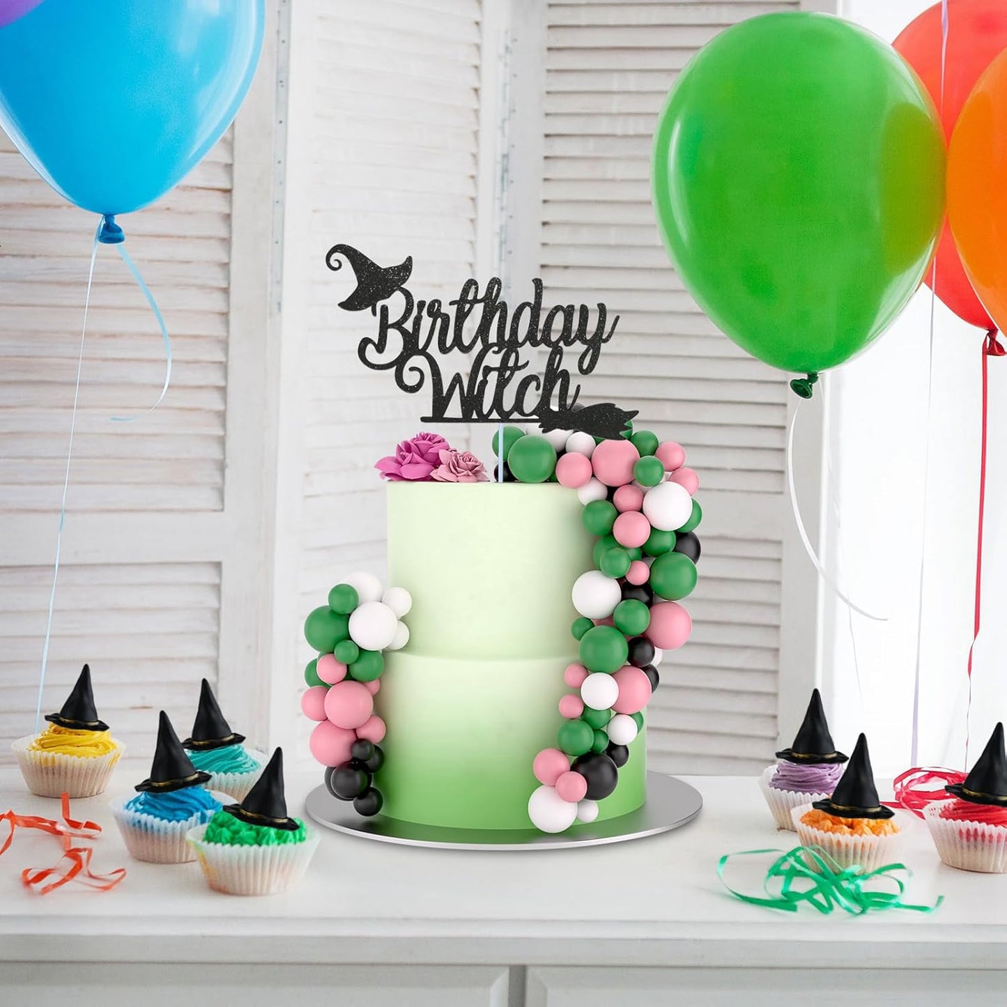ASTARON 32 Pcs Ball Cake Topper Decorations Mini Balloons Birthday Cake Toppers Foam Balls Sticks Witch Themed Party Decorations Witch Party Cake Picks Decorations (Pink Green Black)