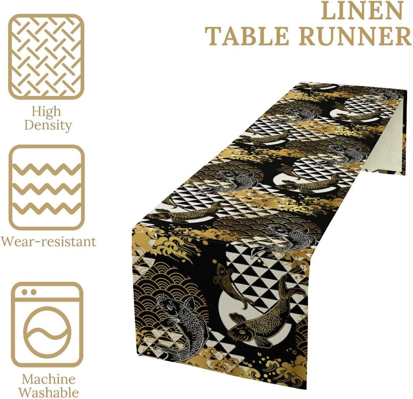 Japanese Table Runner Oriental Tradition Kio Fish Gold Art Printed Burlap Runner Home Kitchen Dining Table Living Room Decor Fabric 1 Panel W13xL120in