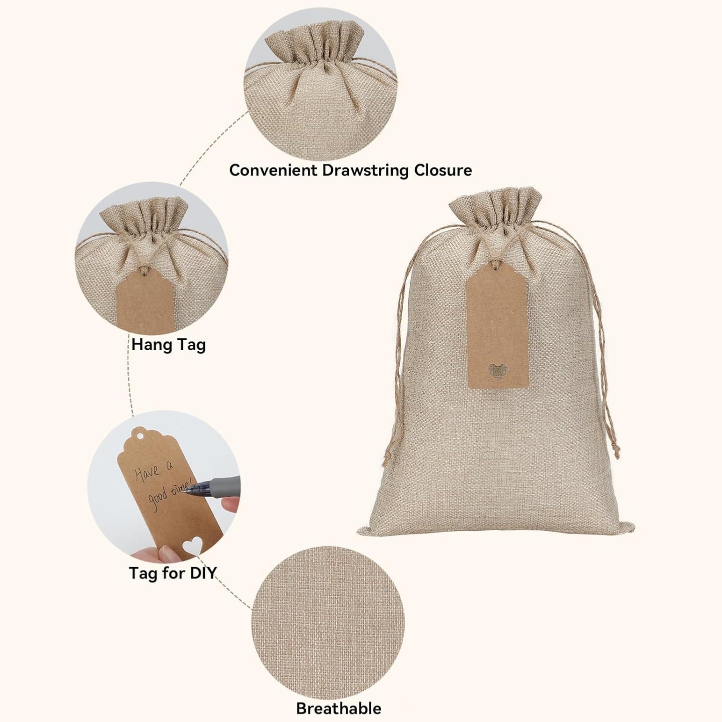 Tapleap Burlap Gift Bags with Drawstring - 10Pcs 8x12 Original Sacks with String and Tags for Wrapping Halloween Favors, Clothes, Toiletries, Breads, Mason Jars, For Birthday, Wedding
