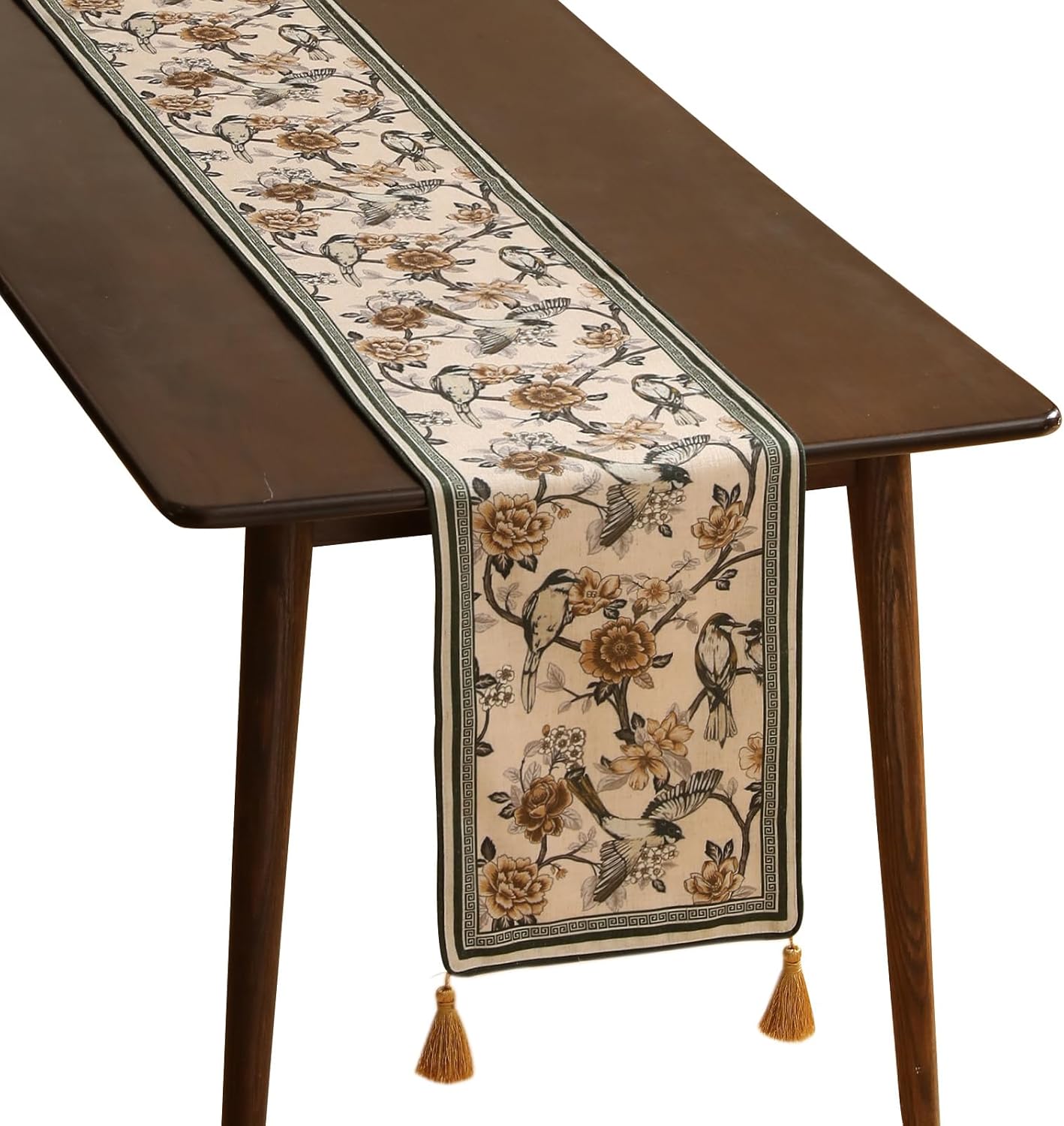 ISAENNE Designer Vintage Beige Linen Table Runner 71 Inches Long,Elegant Floral and Bird Pattern Decor Table Runners for Dining Tables,Thanksgiving,Christmas,Banquet,Party,12"*71"-Murad A