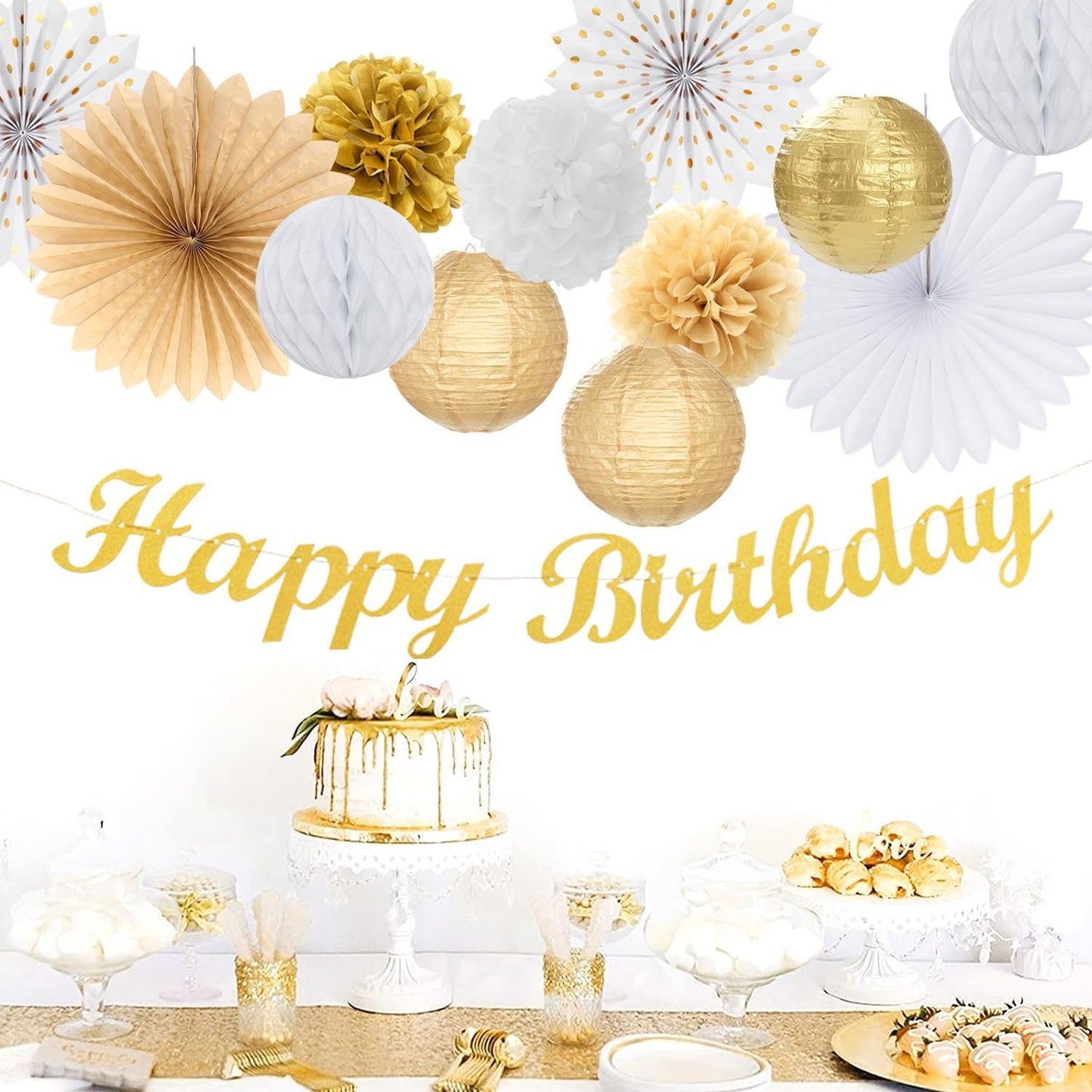 White Champagne Gold Birthday Party-Decorations - 21pcs Happy Birthday Banner,Paper Lanterns,Tissue Pom Poms Flower Fan,Honeycomb Ball,Swirl Streamers Garland Supplies Women Men Decor Huglony