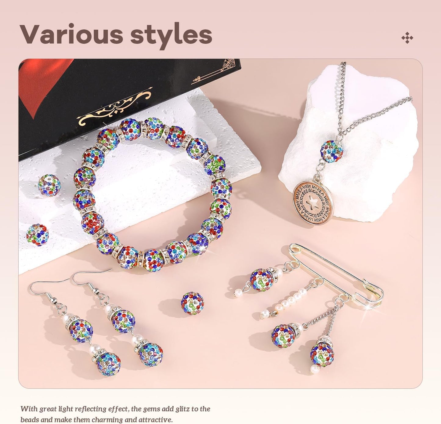 160pcs 10mm Rhinestone Beads for Jewelry Making, White Mixed Shiny Round Disco Ball Beads Bulk, Sparkle Crystal Clay Christmas for Bracelet Baseball Necklace Earring Crafting and DIY