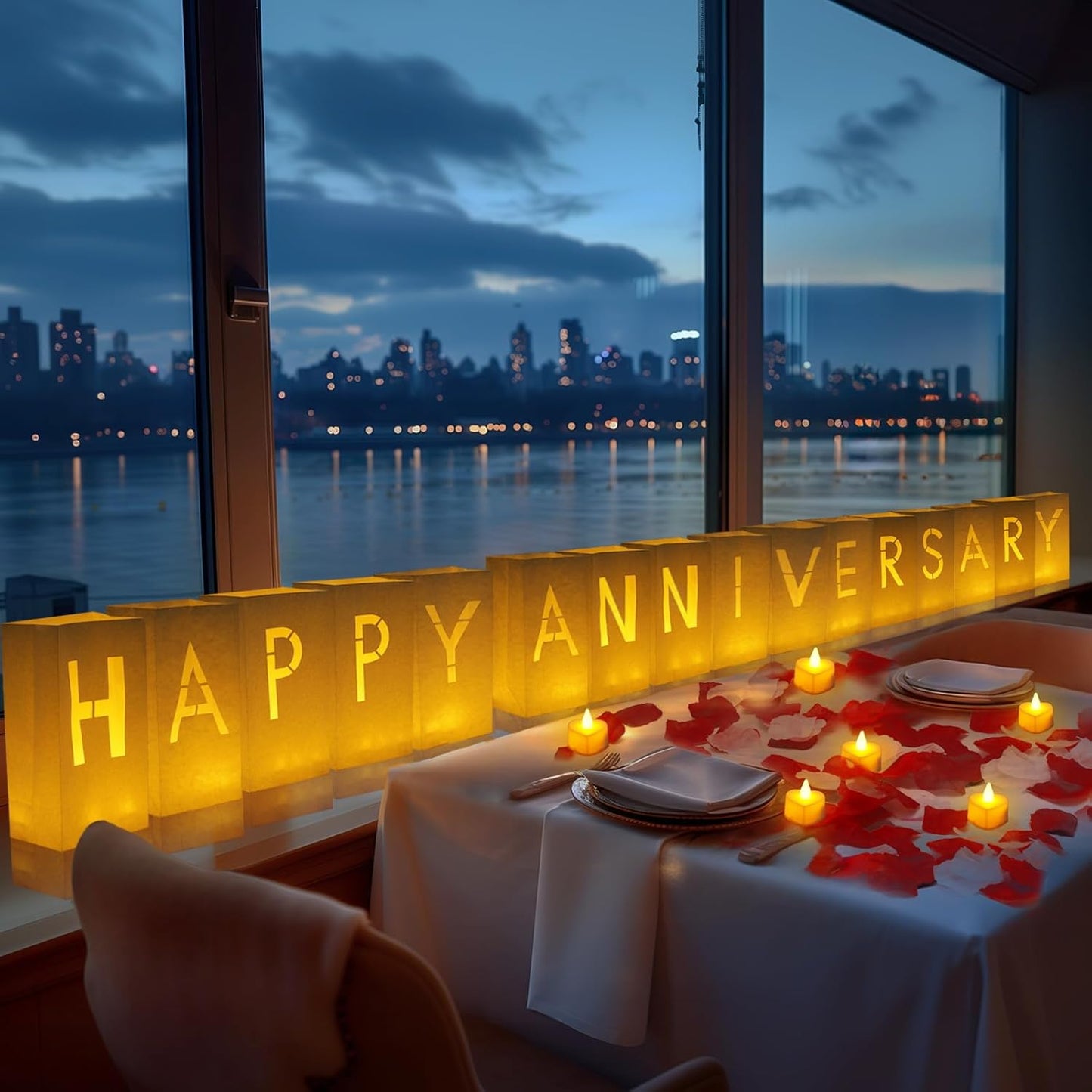 Homemory Happy Anniversary Decoration Light Up Letters with Flameless Candles and Fake Rose Petals, Valentine's Day Luminary Bags Happy Anniversary Sign Romantic Party Decor for Wedding