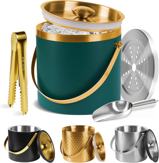 Ice Bucket, Ice Bucket with Silicone Sealing Ring Double-Wall Vacuum Insulation Champagne Buckets with Filter Layer Ice Tongs Ice Scoop (Green, 3 L)