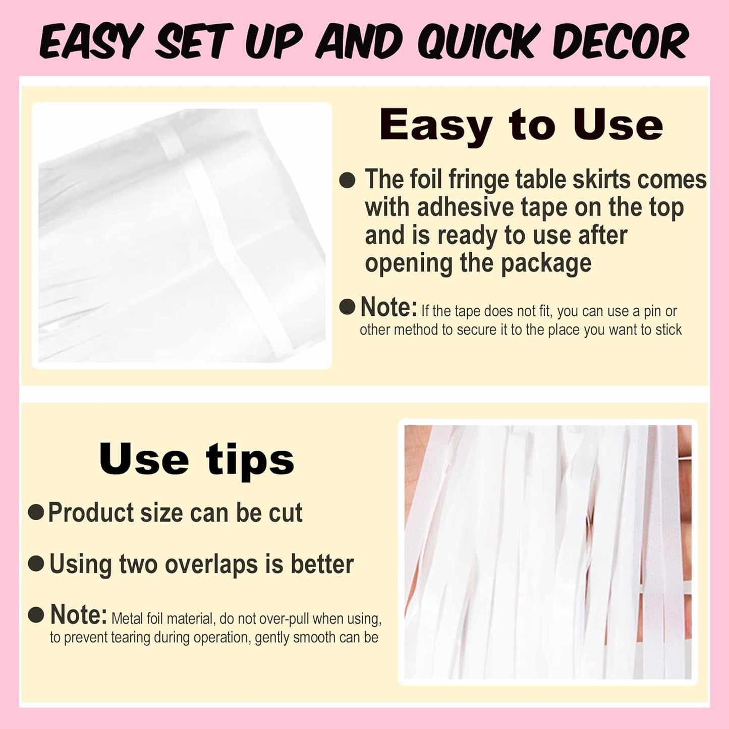 3 Pack 29 x108 Inch Macaron White Foil Fringe Table Skirts Metallic Banner for Tinsel Streamer Garland Backdrop for Parade Floats Mother's Day, Graduate, Birthday, Wedding Party Decoration