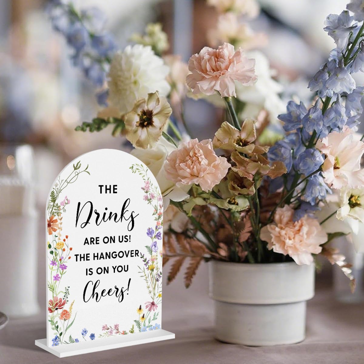 Acrylic Wedding Signs, The Drinks Signs for Marriage Reception, Bridal Shower Decorations, Modern Arched Round Top Acrylic Table Top Sign with Holder for Wedding Party Dinner (White Wildflowers)