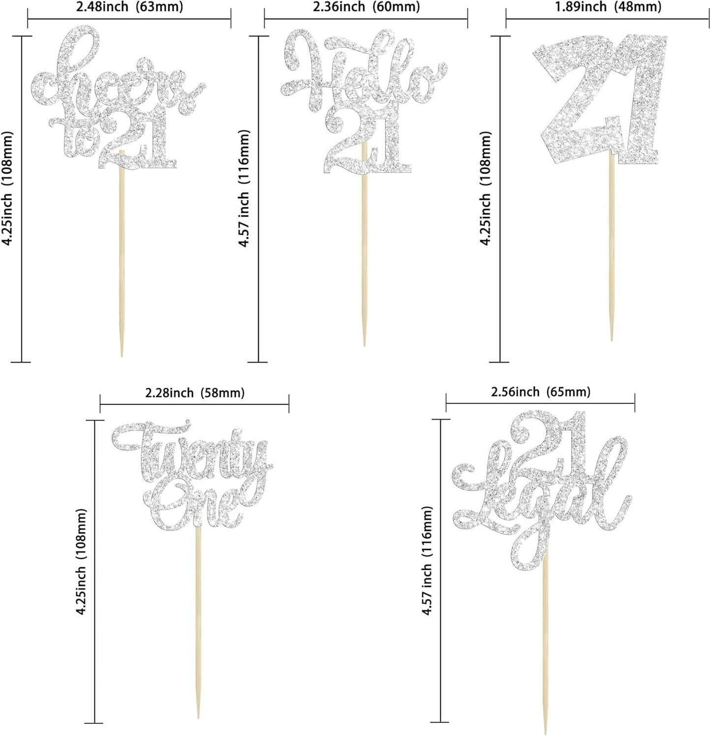 30pcs 21st Birthday Cupcake Toppers - Twenty One Legal 21st Cupcake Picks - Cheers to 21 Years Old - Silver Glitter Cake Decorations