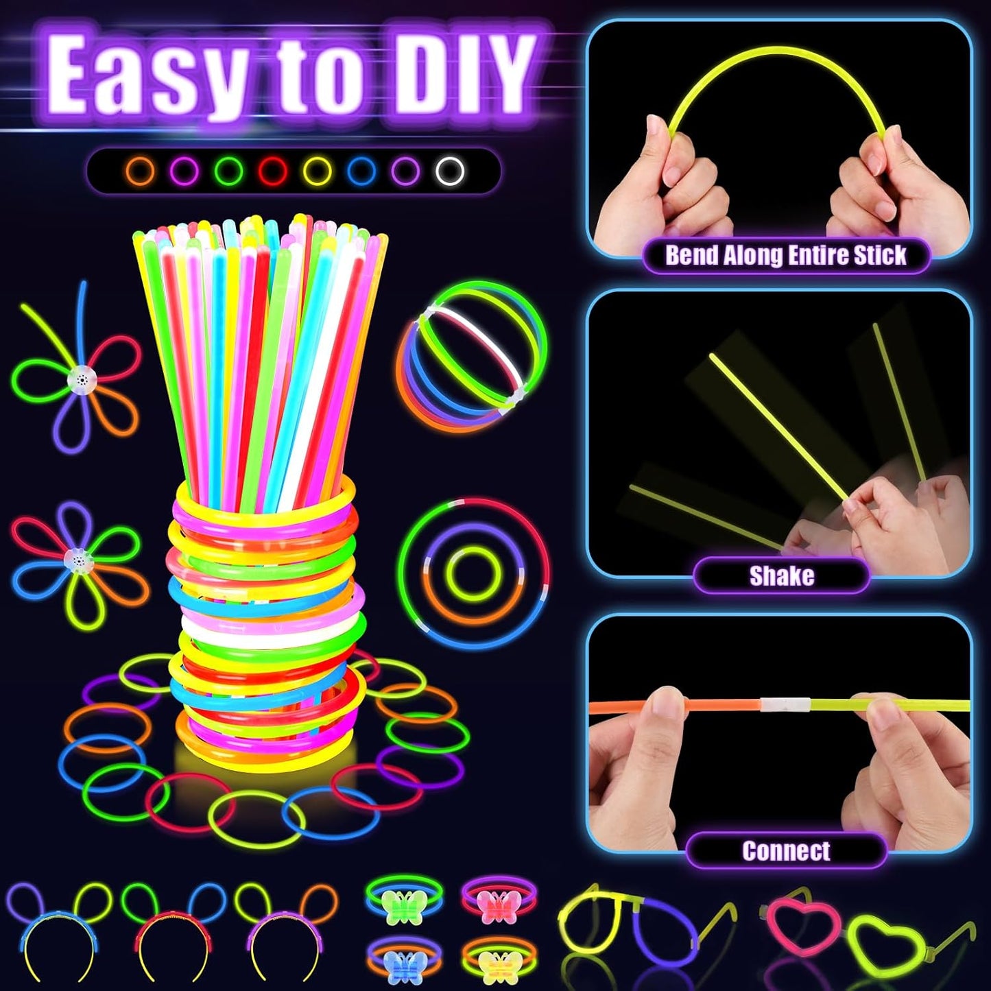 Glow in the Dark Party Supplies for Kids Adults, Light Up Party Favors with 57 LED Light Up Toys, 100 Glow Sticks Bulk DIY Glow Necklaces Glasses Bracelets Headband, Neon Party Supplies & Decorations