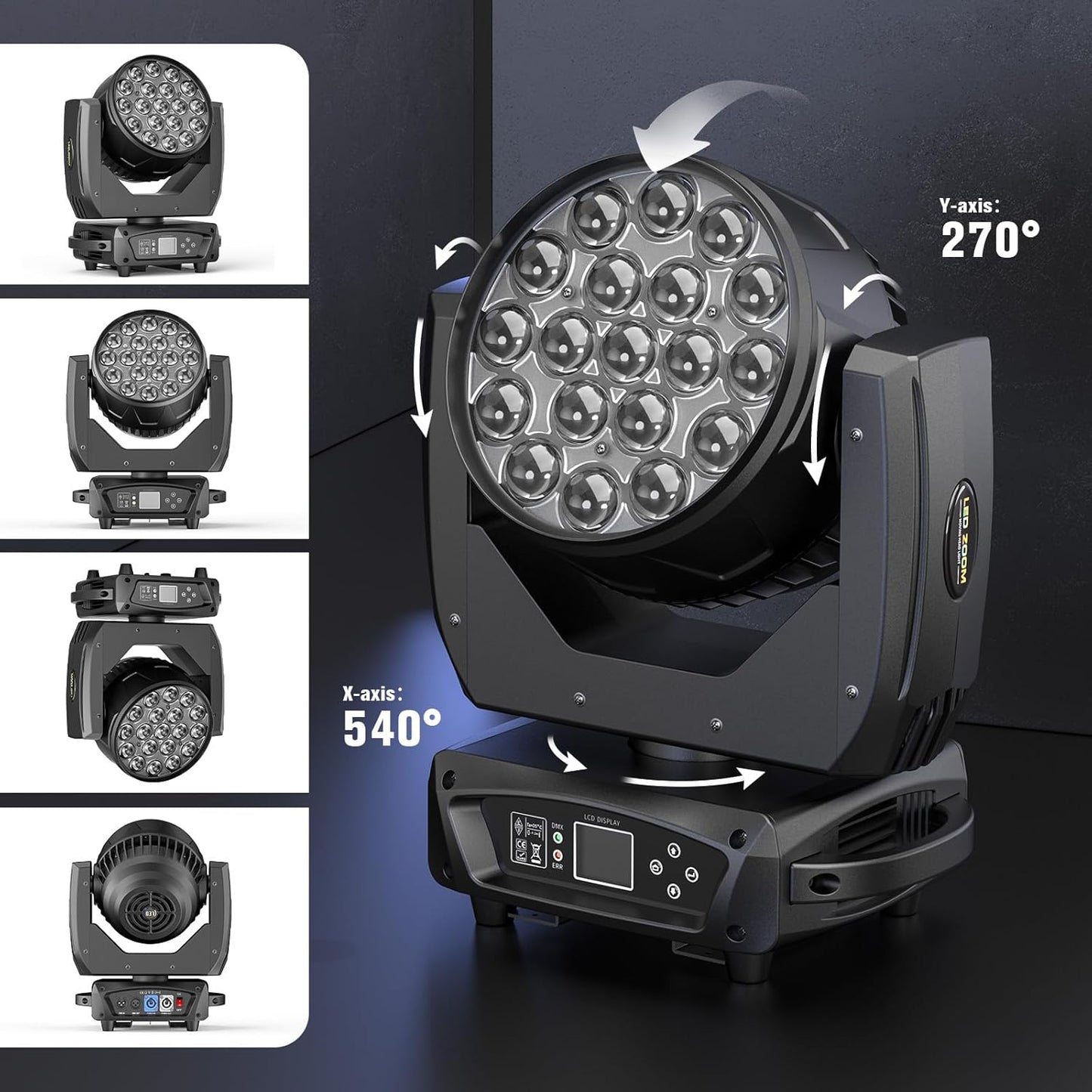 19x10W Moving Head Light Focusing/Beam/Wash/Zoom Effect Stage Lights 4-in-1 LED DMX512 & Sound Activated Control for DJ Disco Nightclub KTV Bar Theater Shopping Mall (4 PCS