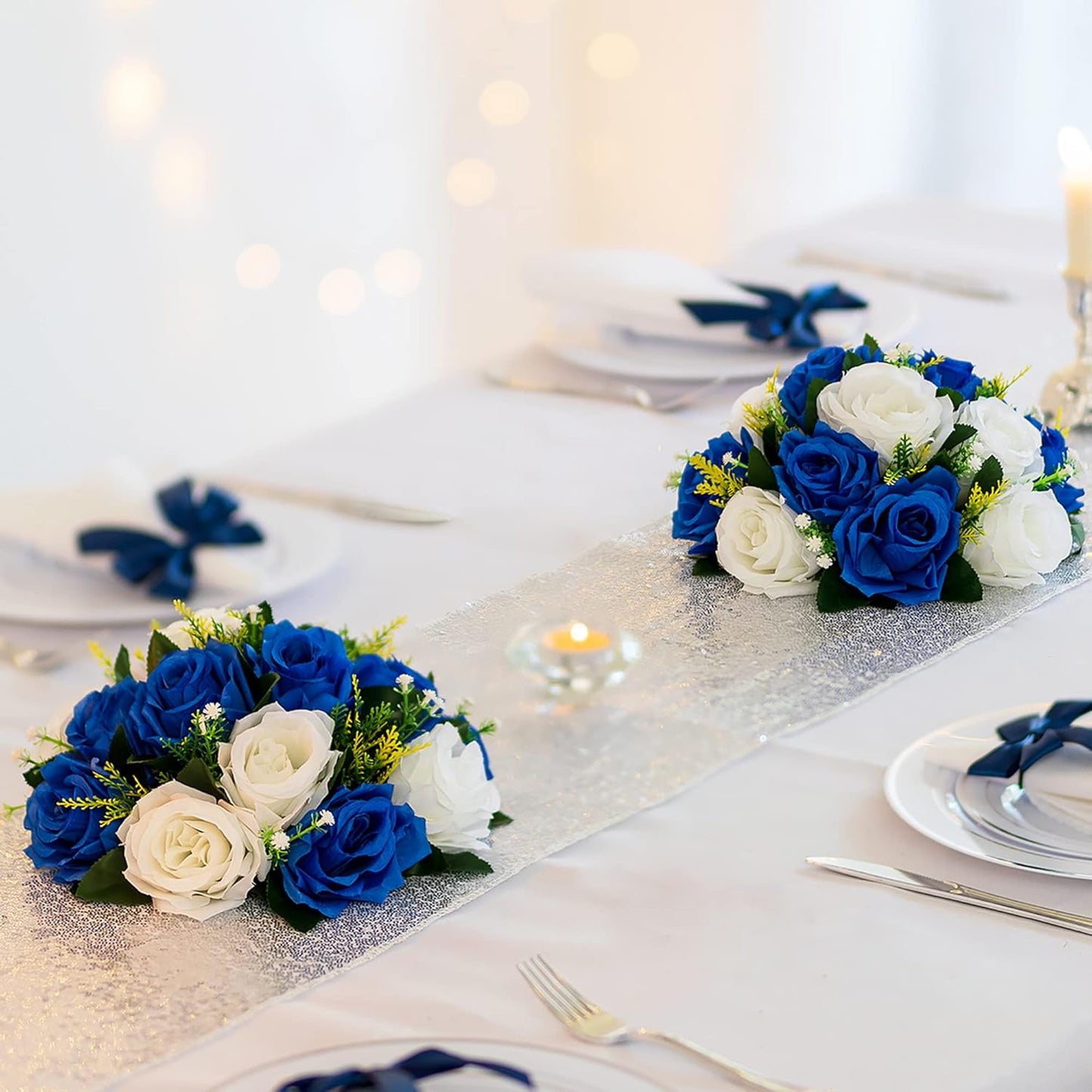 BLOSMON Royal Blue White Flowers: 2 Pcs Fake Roses Flower Balls Centerpiece for Wedding Table - Artificial Silk Kissing Bouquet Floral Arrangement for Home Party Event Decor