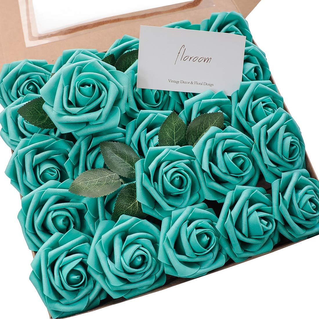 Floroom Artificial Flowers 50pcs Real Looking Teal Green Foam Fake Roses with Stems for DIY Wedding Bouquets Bridal Shower Centerpieces Floral Arrangements Party Tables Home Decorations
