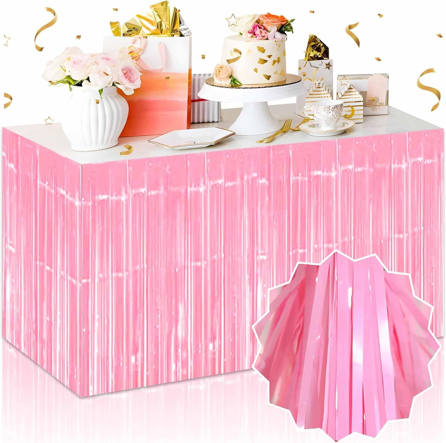 3 Pack 29 x108 Inch Macaron Pink Foil Fringe Table Skirts Metallic Banner for Tinsel Streamer Garland Backdrop for Parade Floats Mother's Day, Graduate, Birthday, Wedding Party Decoration