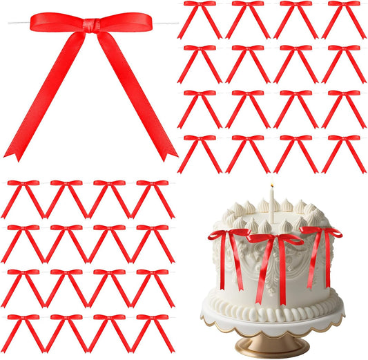 Riceshoot 50 Pcs Twist Tie Bows for Cake 3x4.5 Inch Satin Ribbon Bows for Gift Wrapping Treat Bags Craft DIY Wedding Baby Shower Birthday Party(Red)