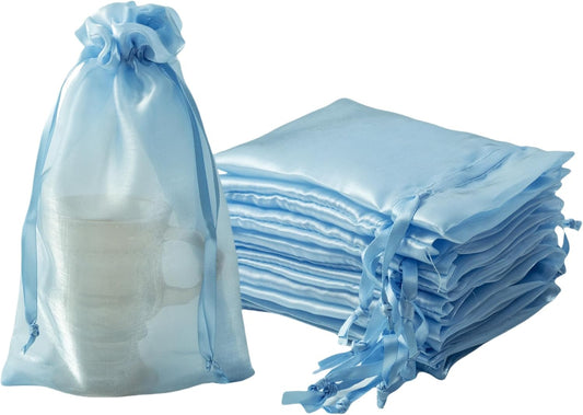 QIANF 20 Pcs Blue Small Organza Bags 6X9 inch for Wedding Favors with Drawstring, Mini Mesh Gift Bags Jewelry Pouch for Candy Bridal Shower Party Favor Baby Shower Christmas