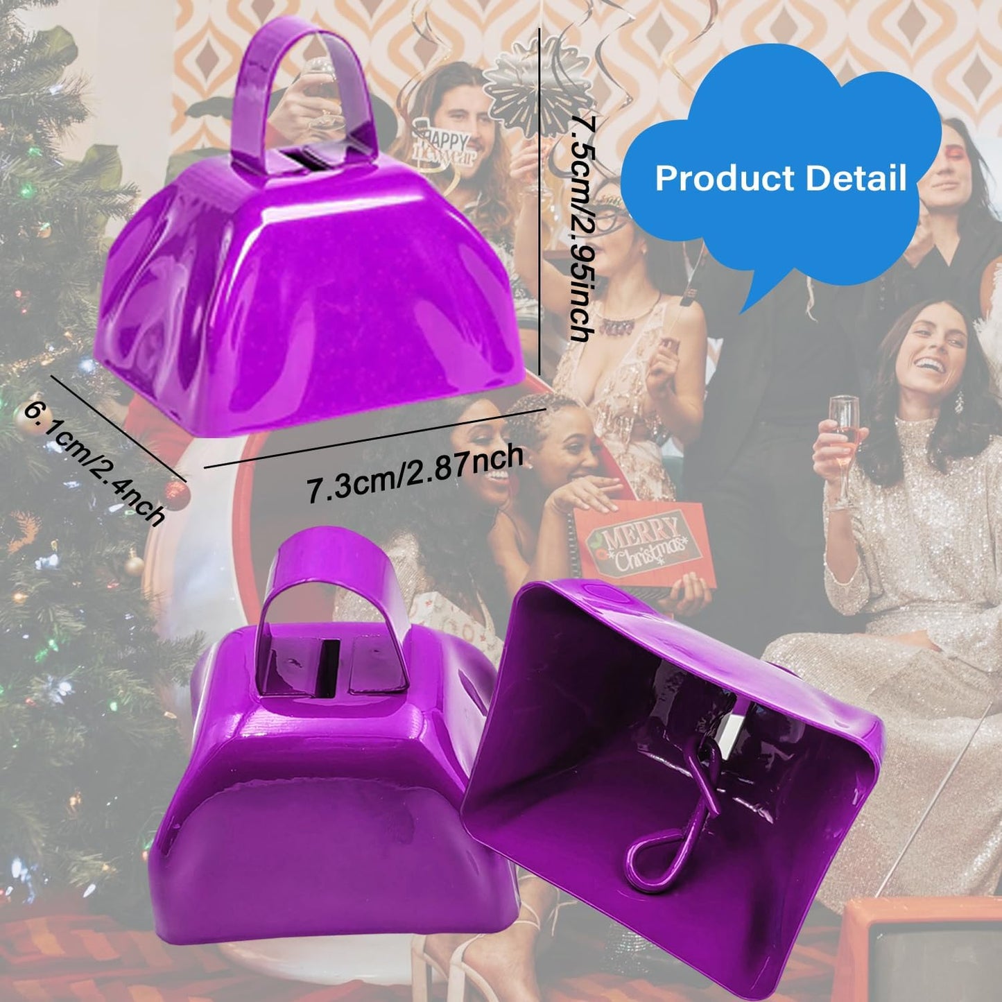 Metal Cow Bell Noise Maker - 3 Inch Pack of 4 - Small Loud Metal Cowbell Noisemaker with Handle - Great for Football Games, Sporting Events, Weddings, New Year's Eve, Birthday Parties