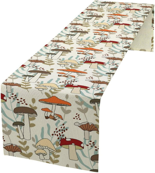 Mushroom Table Runner, Vintage Nature Plant Table Runner for Farmhouse Kitchen Dining Table Decoration for Home Party Decor 13x72 Inch