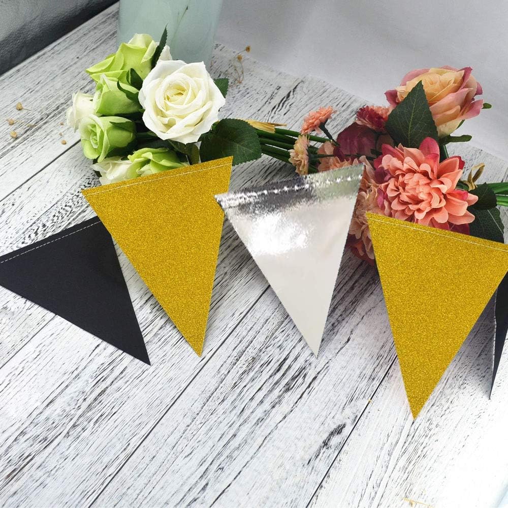 Triangle Flag Bunting Banner, MerryNine 3 Pack 30 Feet Vintage Style Pennant Banner for Wedding, Baby Shower, Event & Party Supplies 78pcs Flags (Triangle Flag - Black Silver Gold Glitter)