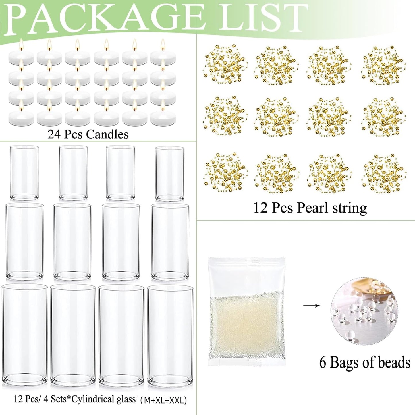 Set of 12 Glass Cylinder Vases for Centerpieces with 8 Pack Vase Filler 12 Pearl String 24 White Floating Candles for Table Centerpieces for Wedding Party Home Decor 5, 6, 8 Inch