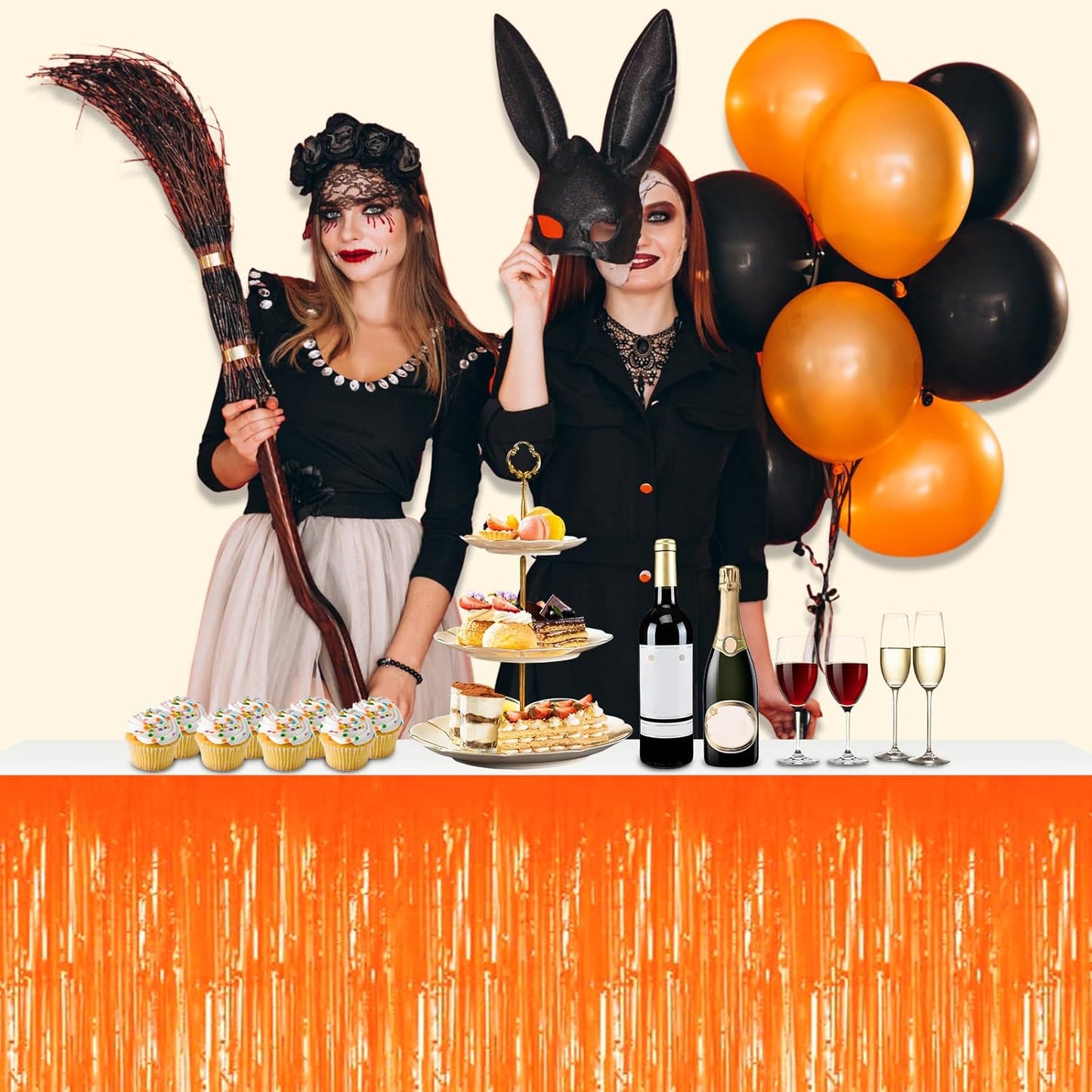 3 Pack 29x108 Inch Macaron Orange Foil Fringe Table Skirts Metallic Banner for Tinsel Streamer Garland Backdrop for Parade Floats Wedding Thanksgiving Birthday Christmas Halloween Party Decoration