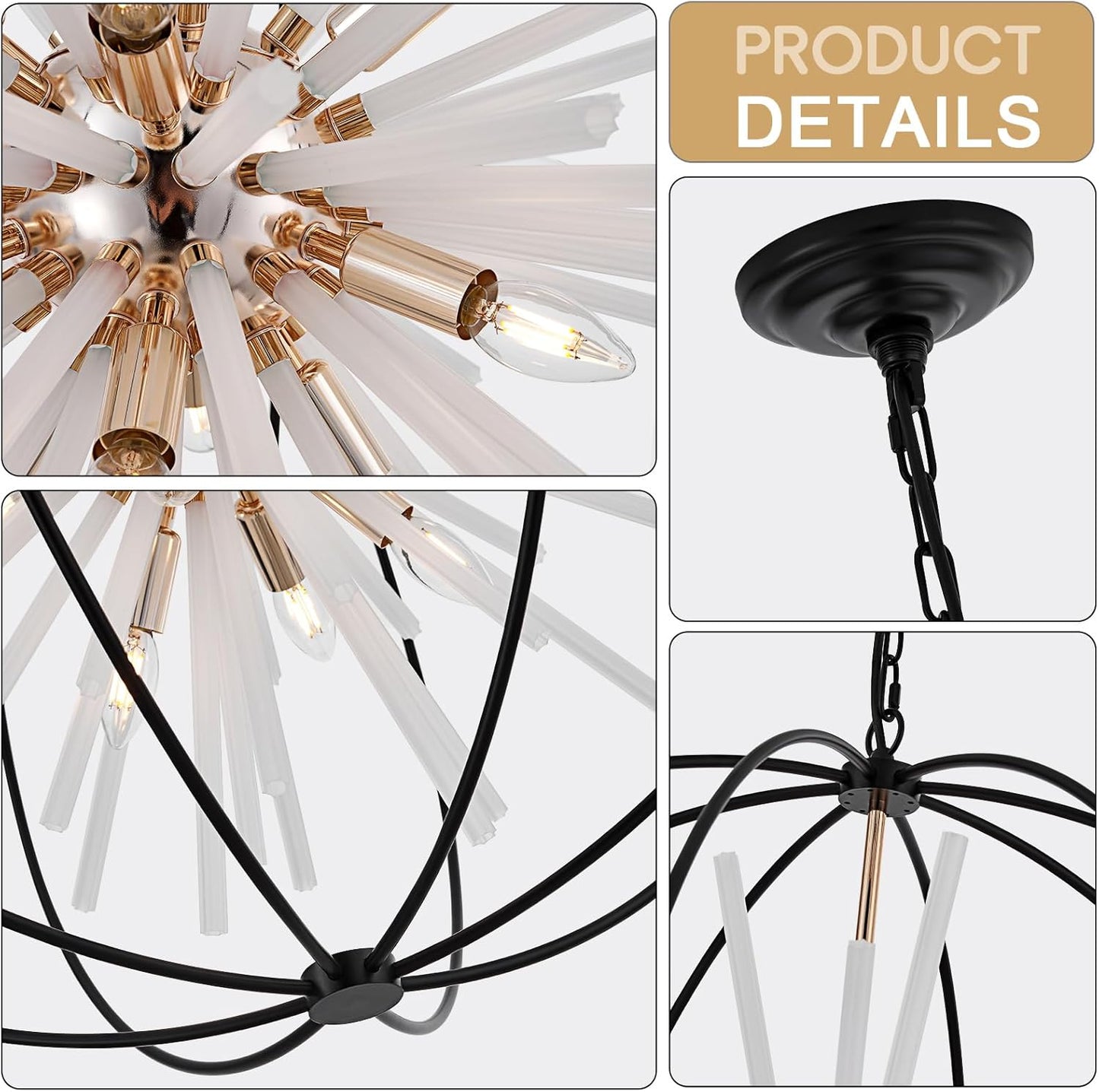 31.5" Black Gold 16-Light Globe Sputnik Chandelier Modern Industrial Adjustable Hanging Ceiling Pendant Light Fixture for Entryway Foyer Stairway Dining Living Room Hallway