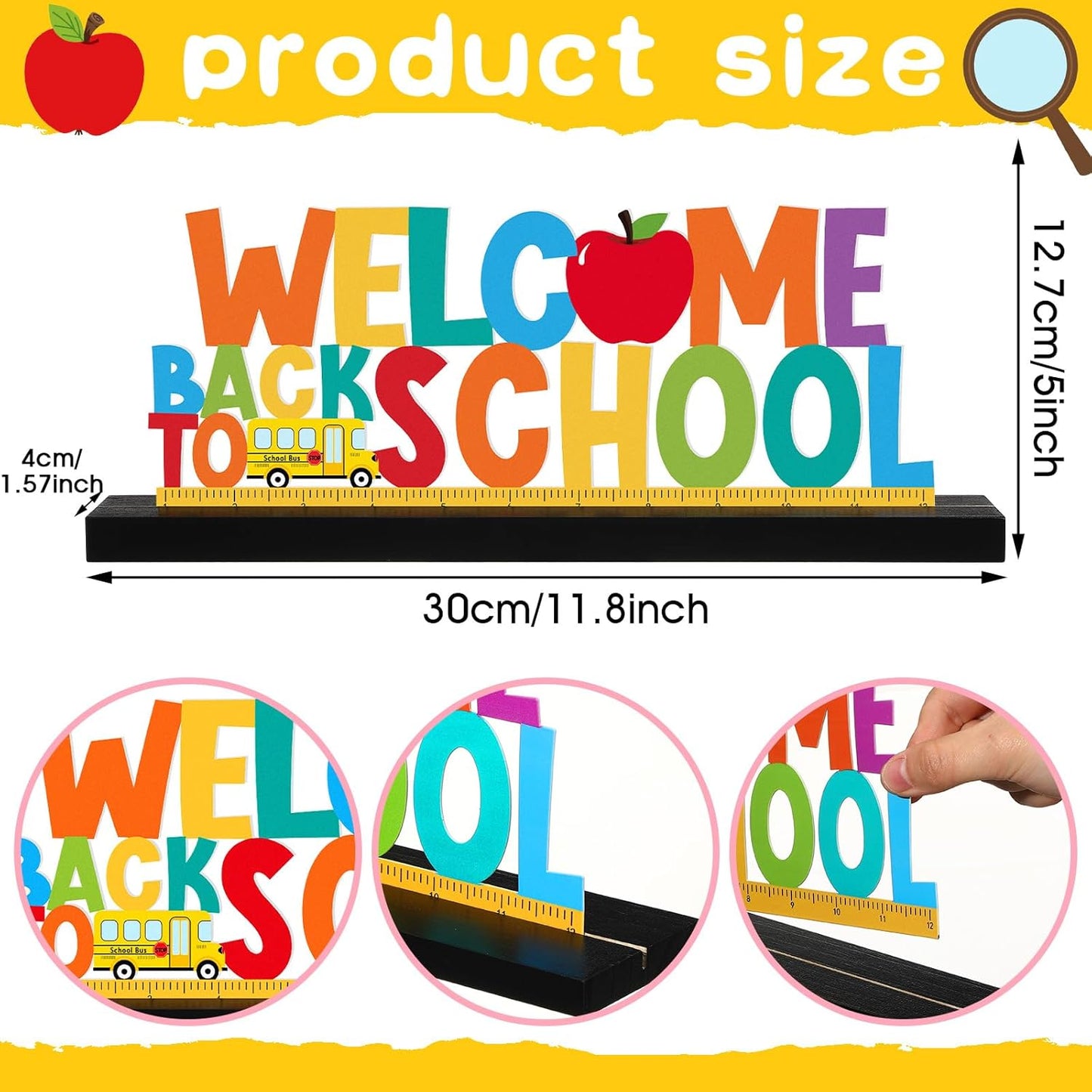 Welcome Back to School Metal Sign First Day of School Table Decor Metal Word Sign with Wooden Base for Classroom Teacher Party Favor Supplies Tiered Tray Decor Shelf Tabletop Decorations
