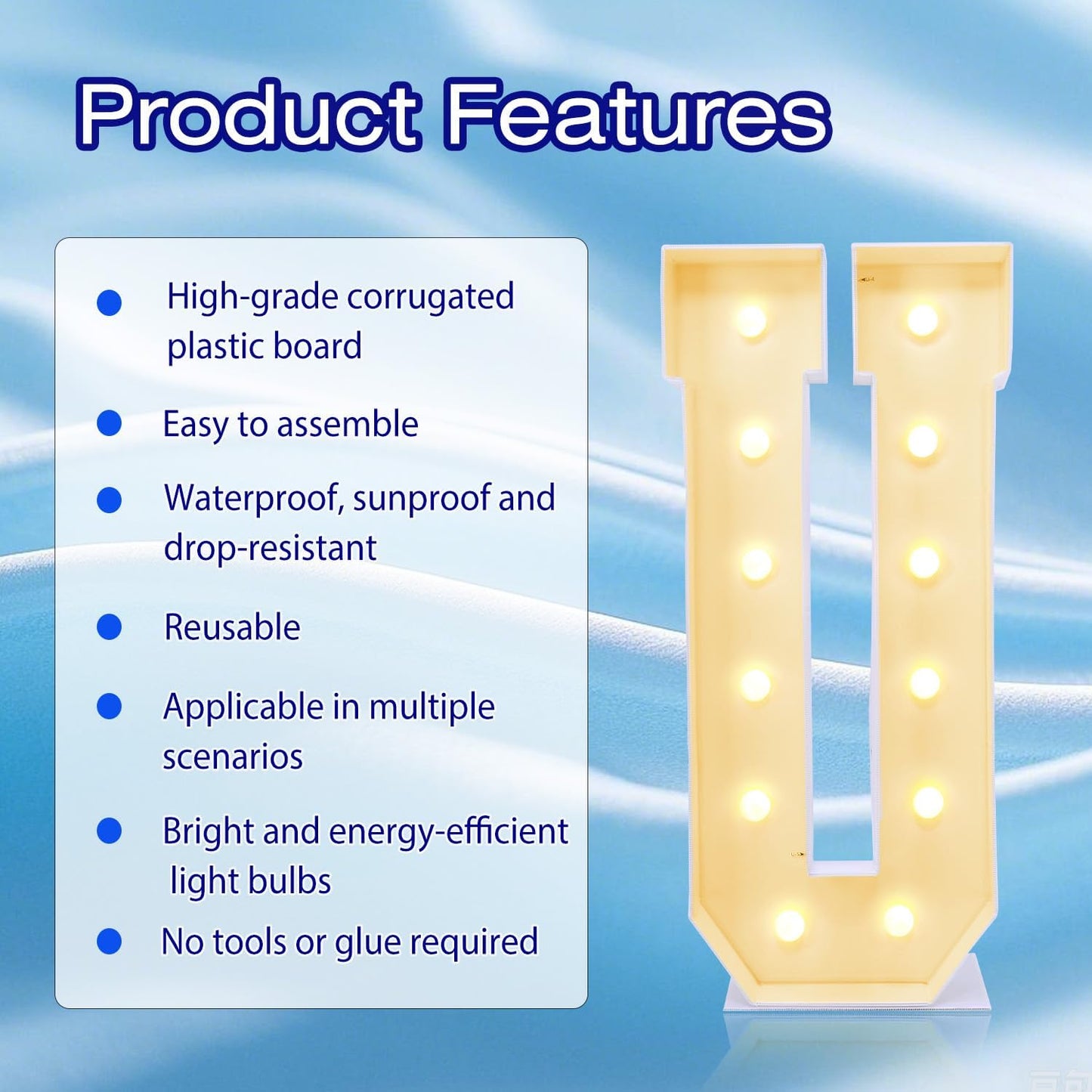 4FT Marquee Plastic Letters U - Light up Letters U Are Made from Corrugated Plastic Board - Quick Assembly Without Tools, Disassembled Components Can Be Used for Garage Sale Signs, Yard Sale Signs
